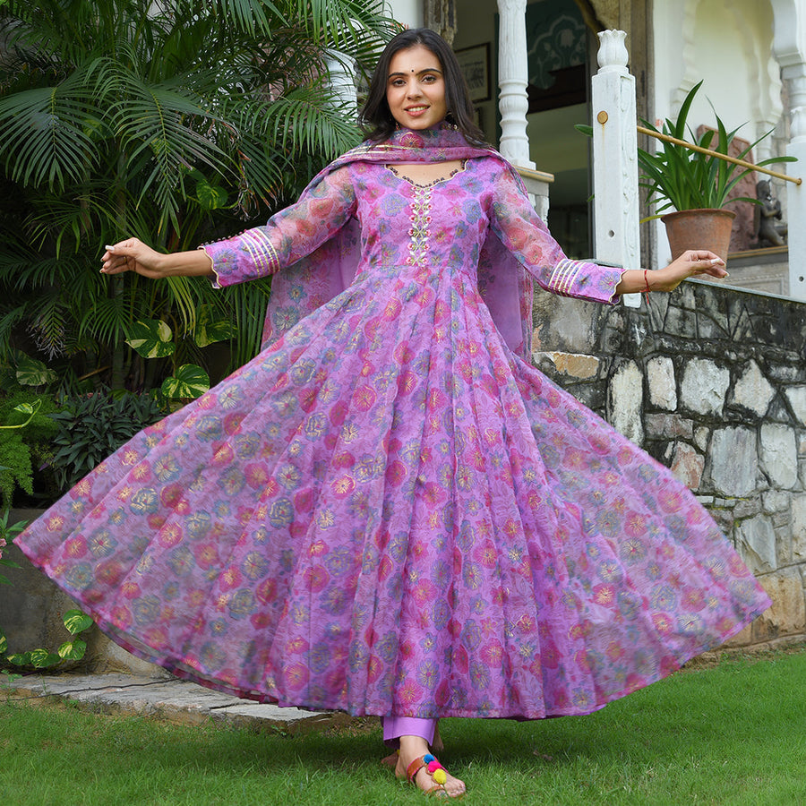 organza anarkali dresses Digital Printed Sky Blue Color Organza Anarkali Suit