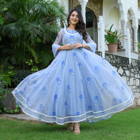 Light Aqua Blue Print Organza Anarklai