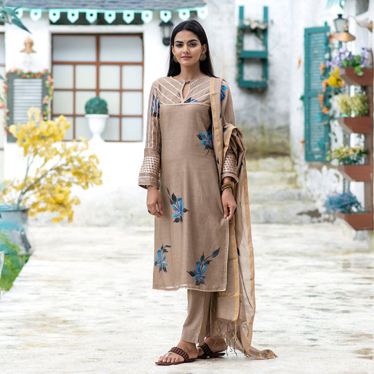Rajwadi Gota Metallic Brown Chanderi Suit