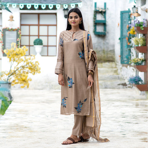 Rajwadi Gota Metallic Brown Chanderi Suit