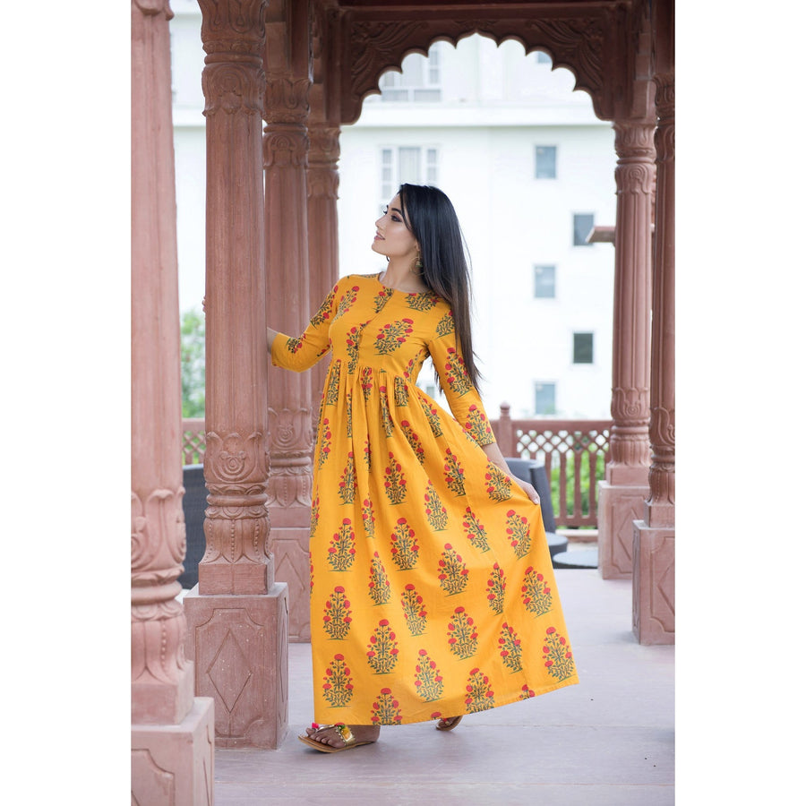 Yellow Floral Printed Cotton Maxi Dress