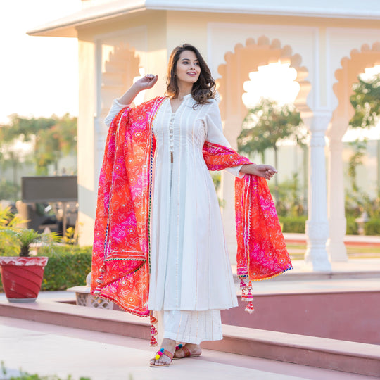 White Kali Gota Suit With Bandhani Duppata