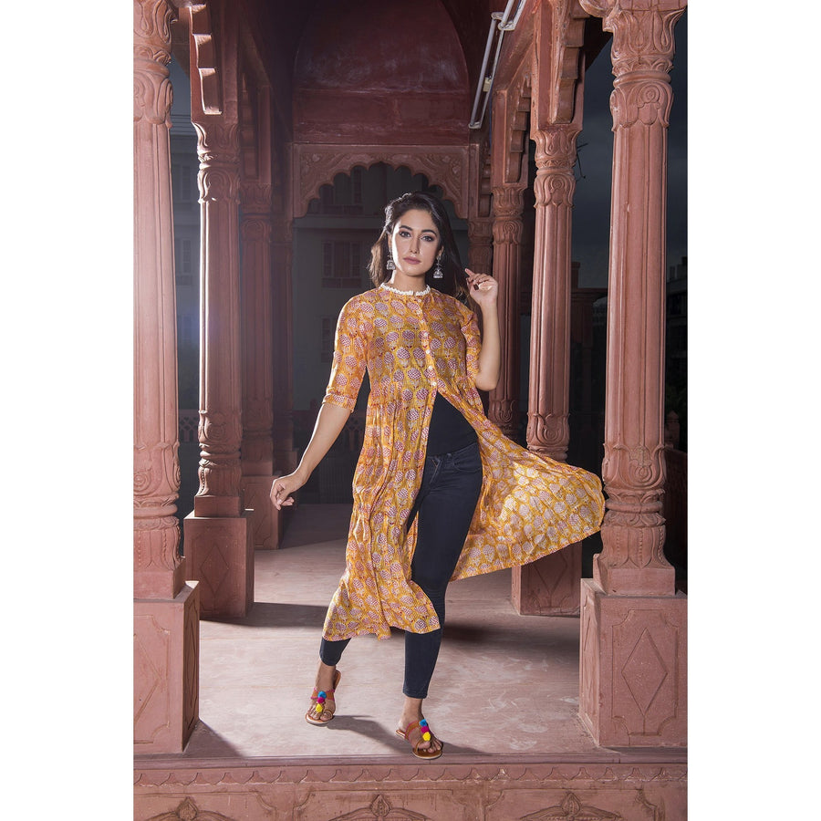 Yellow Chanderi Front Slit Dress In Pomegranate print
