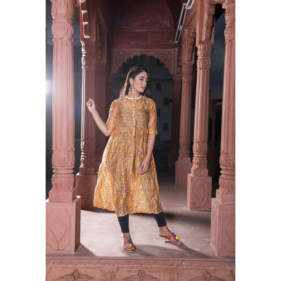 Yellow Chanderi Front Slit Dress In Pomegranate print