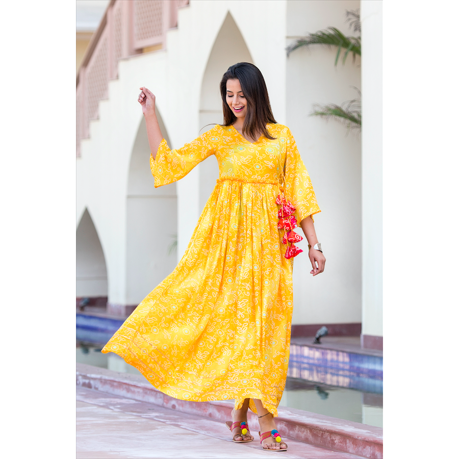 Yellow Bandhani Dress With Tassels