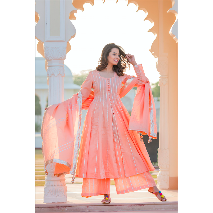Peach Kali Suit Set With Gota Embroidery