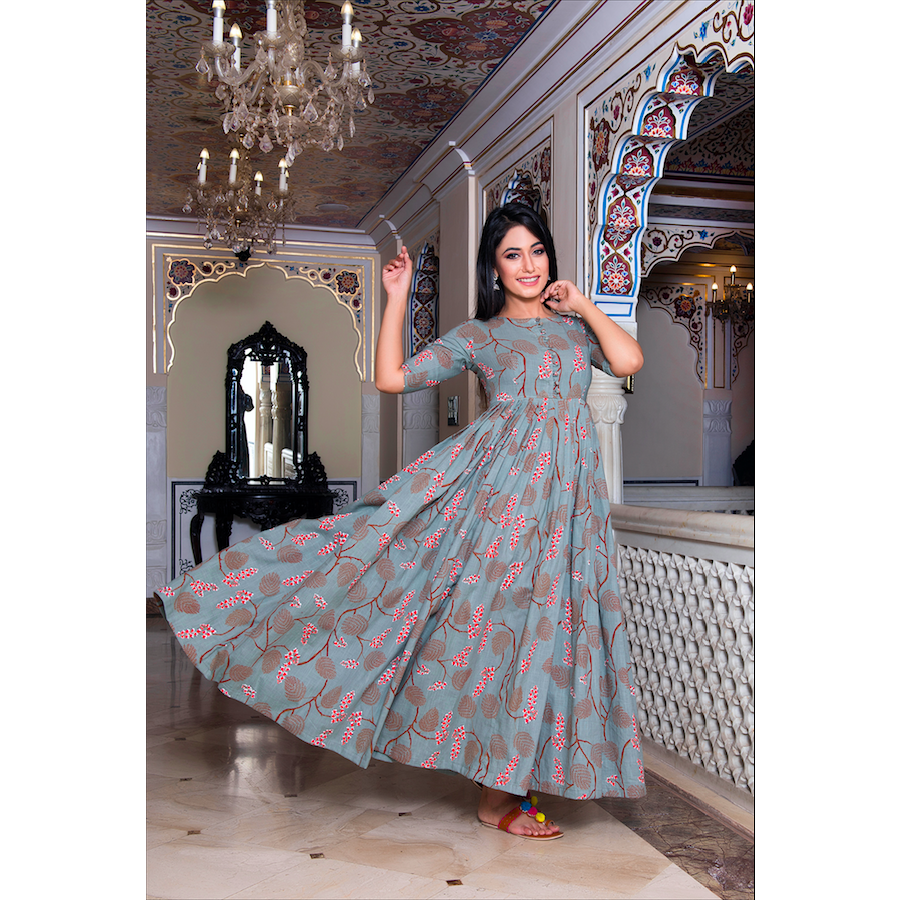 Indian Designer Printed Anarkali Gown Set Women Full Flared Kurta With  Dupatta | eBay