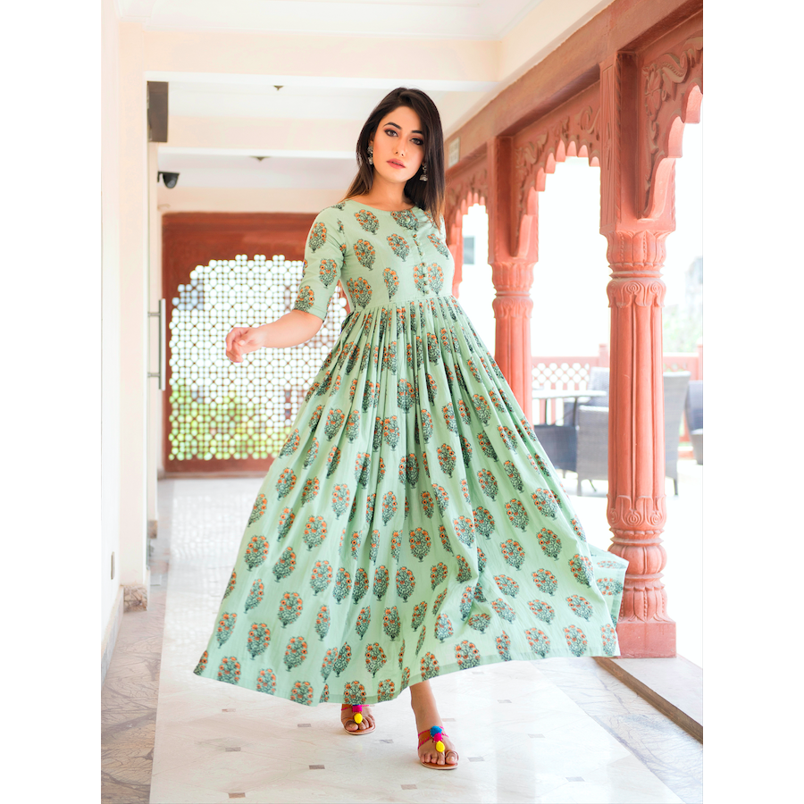 Spring Flower Hand Printed Cotton Maxi Dress In Pistachio Green