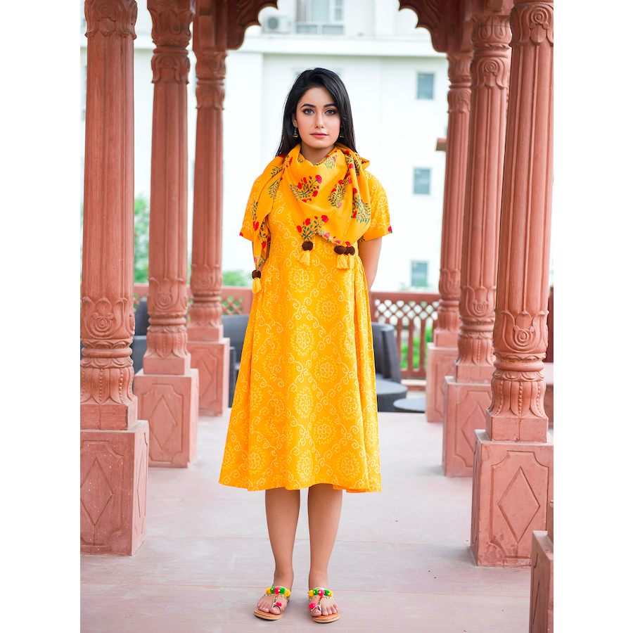 Yellow Bandhej Side Pleated Dress With Scarf