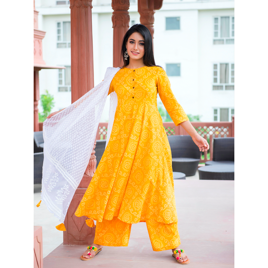 Yellow Bandhani Suit Set With Dupatta