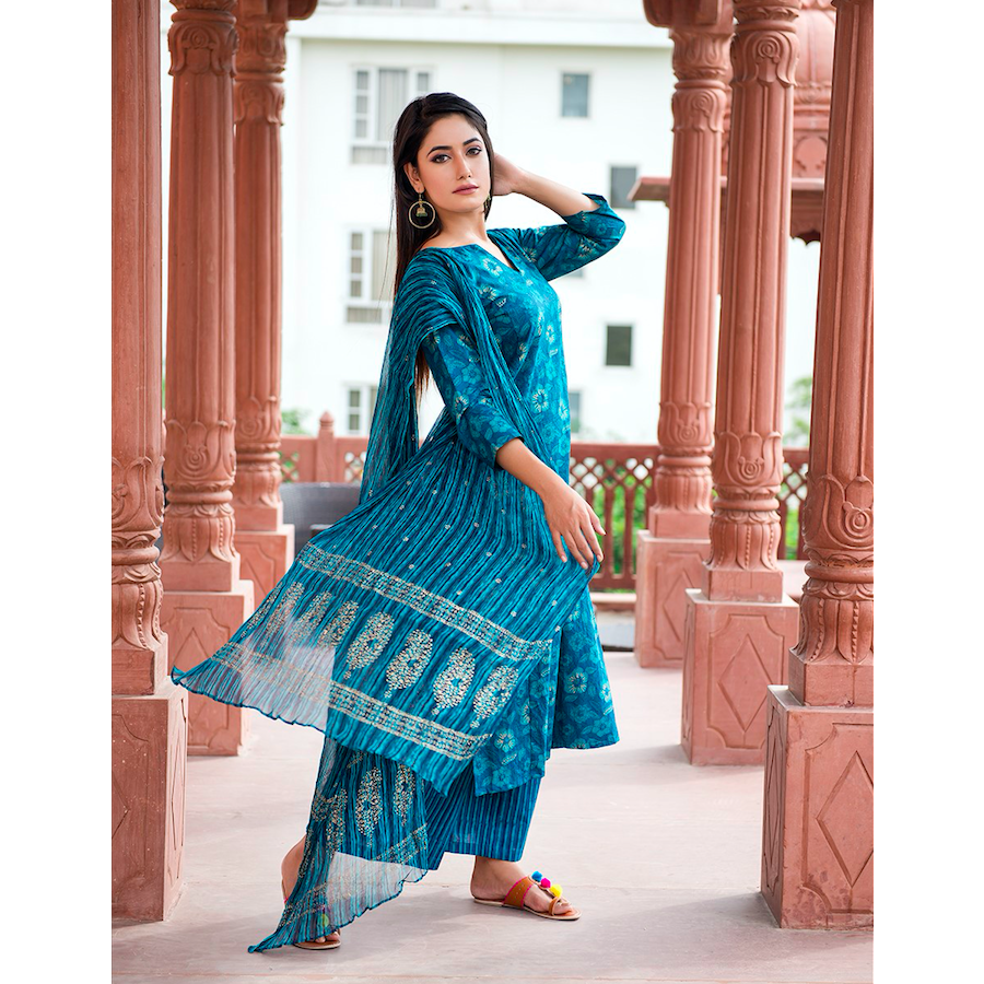 Turquoise Pearl Block Printed Suit Set With Golden Motifs