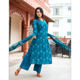 Turquoise Pearl Block Printed Suit Set With Golden Motifs