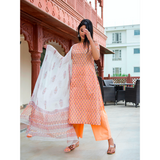 Peach Floral Hand Block Printed Suit Set With Chiffon Dupatta