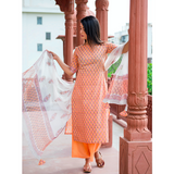 Peach Floral Hand Block Printed Suit Set With Chiffon Dupatta
