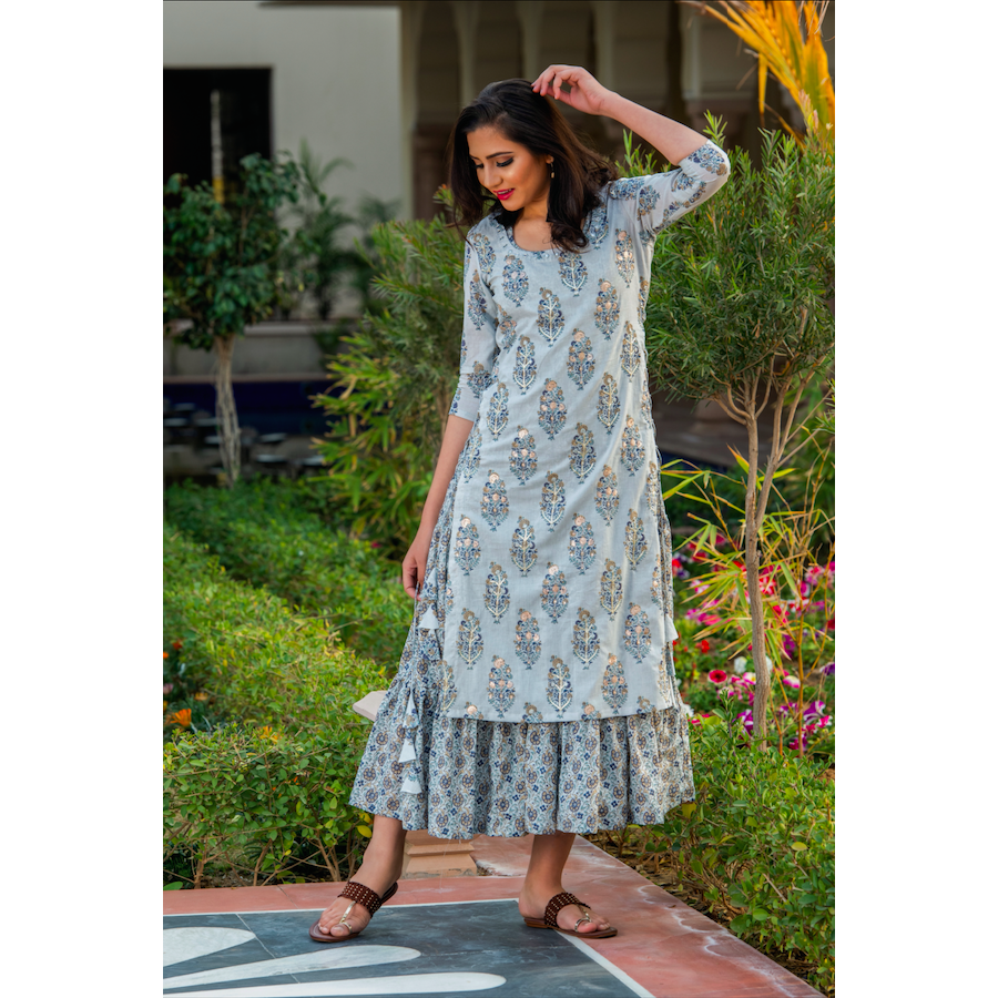 Grey Double Layered Printed Dress With Embroidery