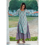 Green Double Layered Printed Dress With Embroidery