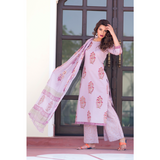 Lilac Block Printed Suit Set With Gold Motifs