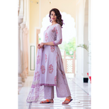 Lilac Block Printed Suit Set With Gold Motifs