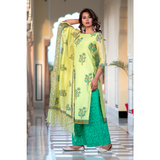 Chanderi Block Printed Suit Set In Pista Green