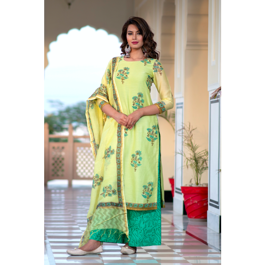 Chanderi Block Printed Suit Set In Pista Green