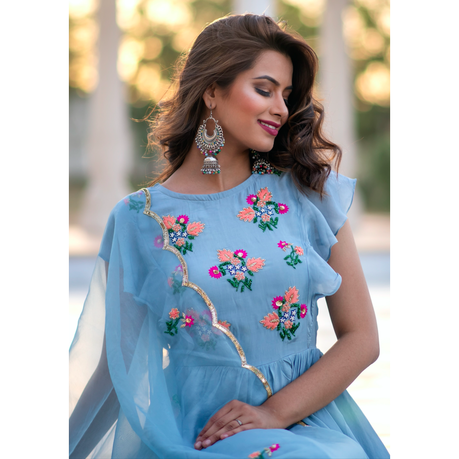 Blue Grey Hand Embroidered Dress With Organza Dupatta
