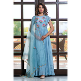 Blue Grey Hand Embroidered Dress With Organza Dupatta