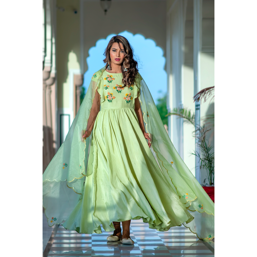 Pistachio Green Hand Embroidered Dress With Organza Dupatta