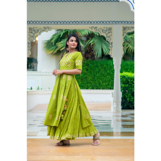 Green Gota Embellished Kurta Lehenga Set