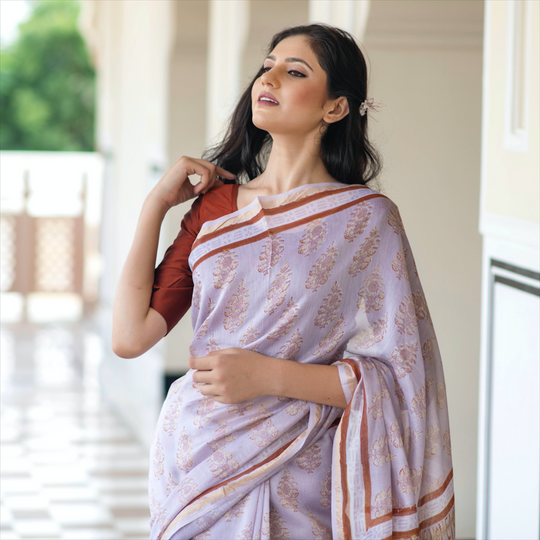 Wisteria Block Printed Chanderi Saree