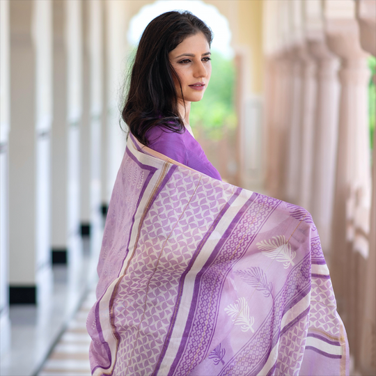 Purple Block Printed Chanderi Saree