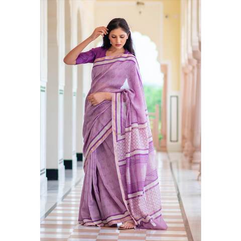 Purple Block Printed Chanderi Saree