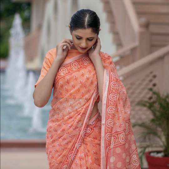 Kota Doriya Block Printed Saree In Peach