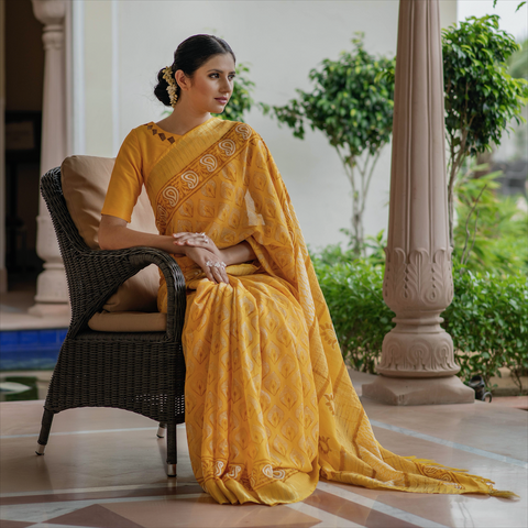 Yellow Block Printed Linen Sari
