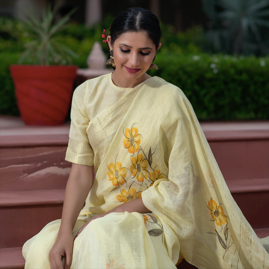 Hand Painted Linen Saree In Daffodil Yellow