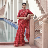 Red Block Printed Chanderi Sari