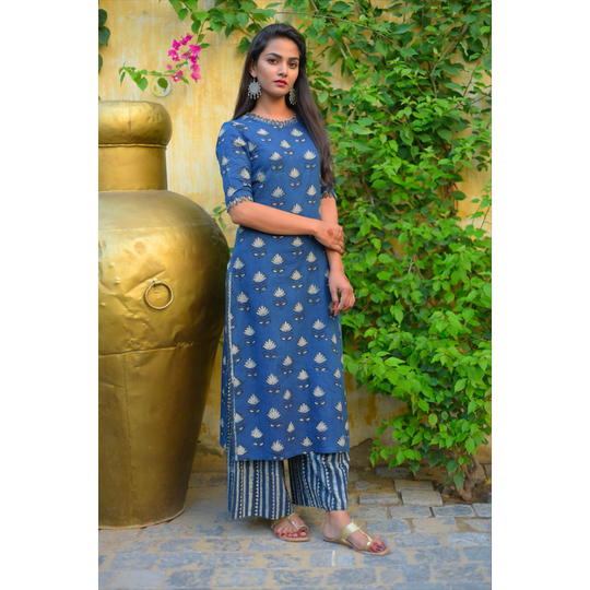 Bagru Printed Indigo Kurta Palazzo Set