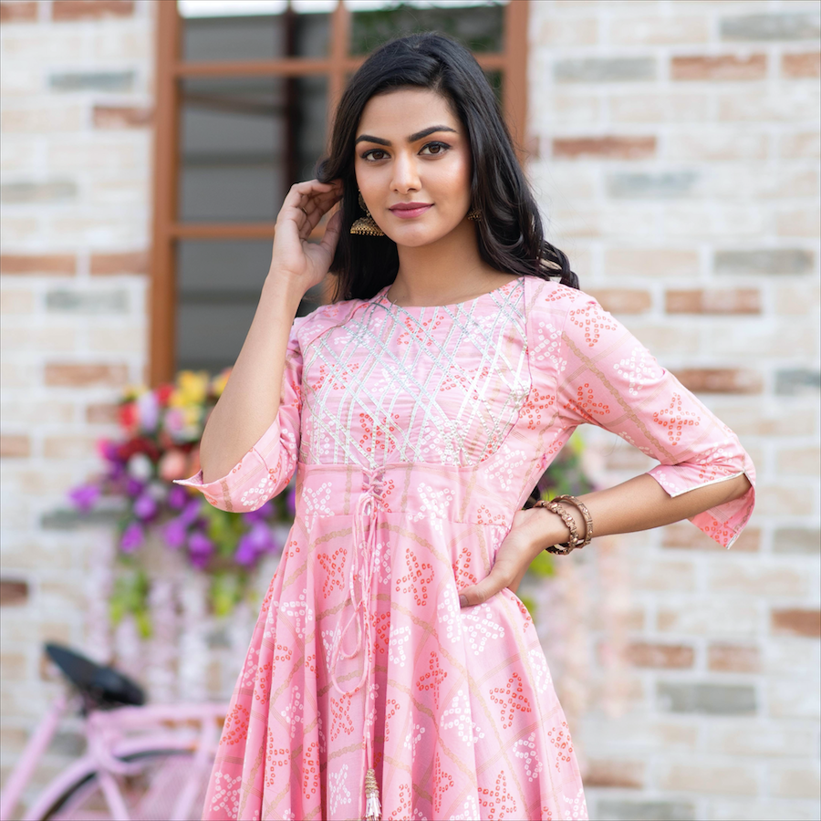Pink Bandhej Gota Dress